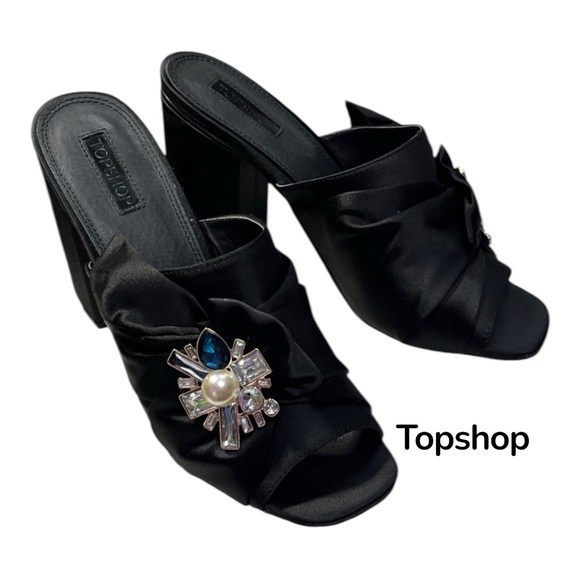 Topshop Shoes - EUC Topshop Black Satin Mules with Jewel Embellishments